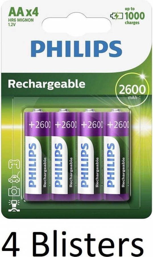 Philips 16 Stuks(4 Blisters A 4 St) Aa Oplaadbare Batterijen 2600mah