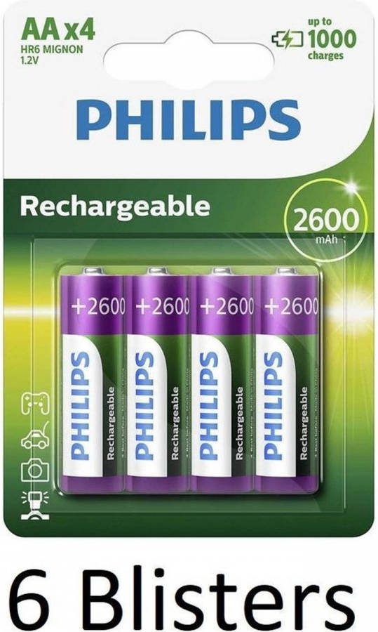 Philips 24 Stuks(6 Blisters A 4 St) Aa Oplaadbare Batterijen 2600mah
