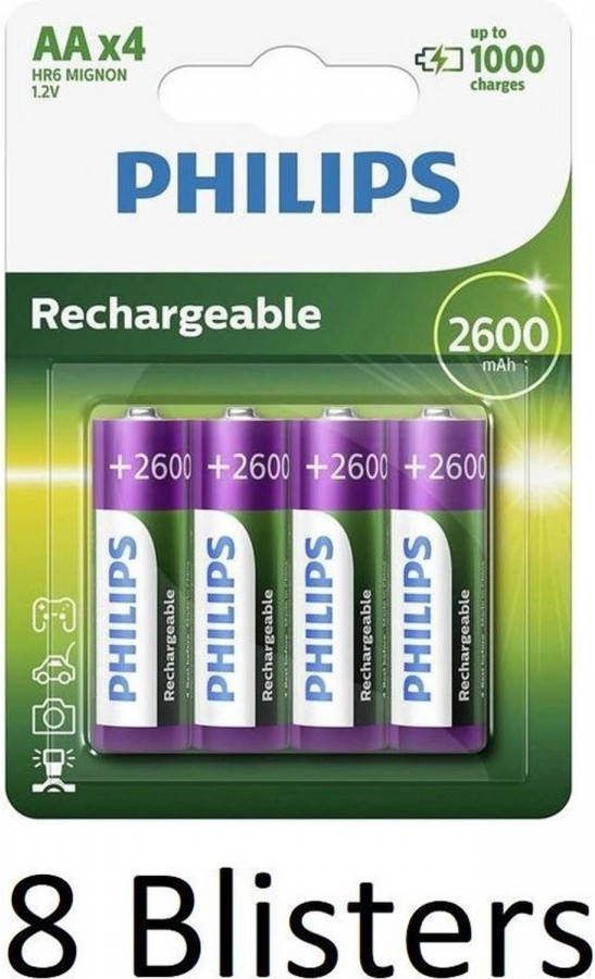 Philips 32 Stuks(8 Blisters A 4 St) Aa Oplaadbare Batterijen 2600 Mah