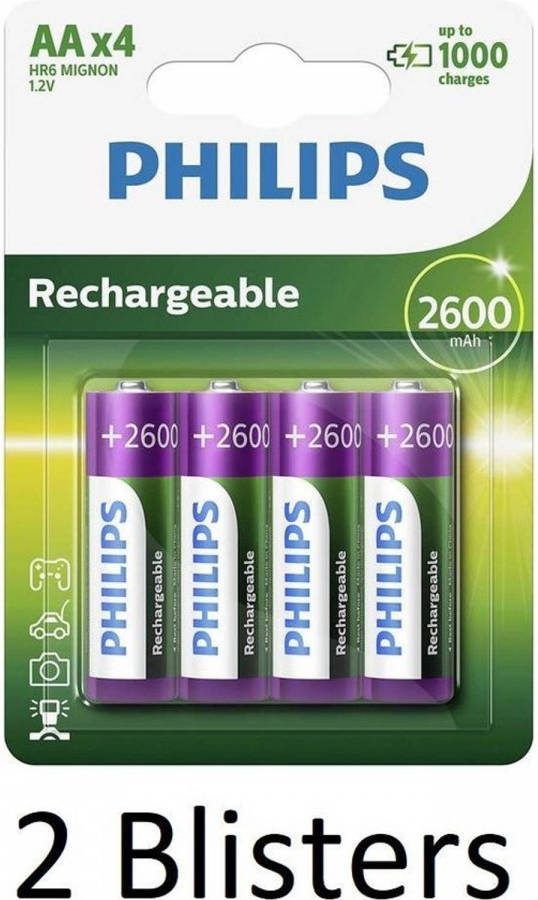 Philips 8 Stuks(2 Blisters A 4 St) Aa Oplaadbare Batterijen 2600mah