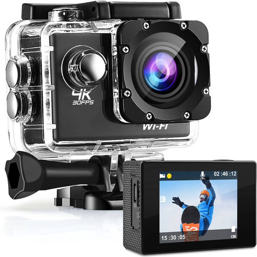 Strex Actioncamera 4k 16mp 60fps/30m Waterdicht/Wifi Inclusief Accessoires Actiecamera Onderwatercamera