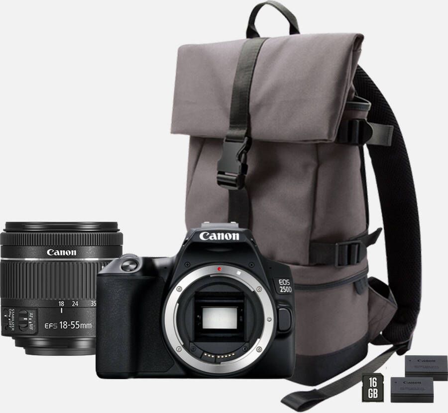 Canon EOS 250D, zwart + 18 55mm f/4 5.6 IS STM lens, zwart + backpack + SD kaart + reserveaccu