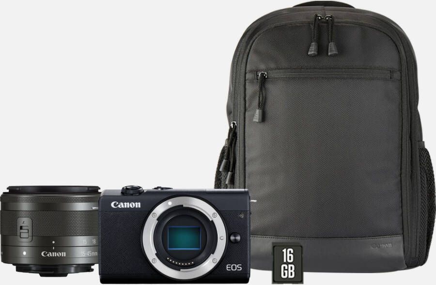 Canon EOS M200 + EF M 15 45mm lens + backpack + SD kaart